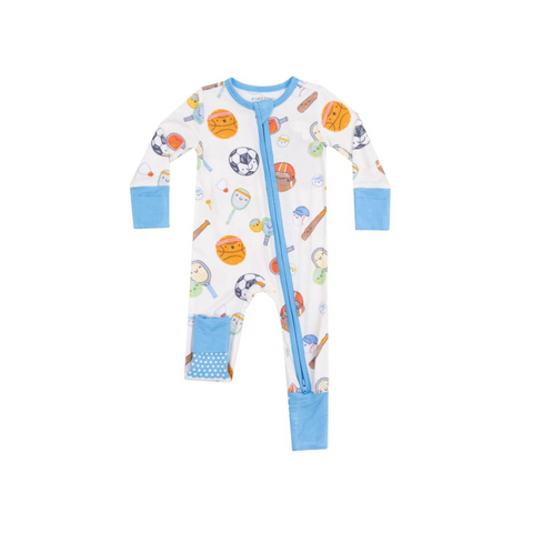 Two way zipper romper with different kinds of sports print like football, basketball, baseball, tennis, ping pong ball, and soccer