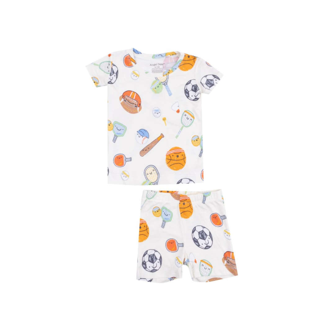 short set loungewear set with different kinds of sports print like football, basketball, baseball, tennis, ping pong ball, and soccer 