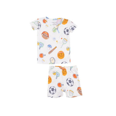 short set loungewear set with different kinds of sports print like football, basketball, baseball, tennis, ping pong ball, and soccer 