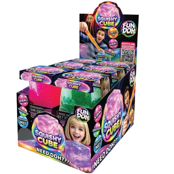 Display box of glittery Fun Doh Squishy Cube sensory toys in assorted bright colors.