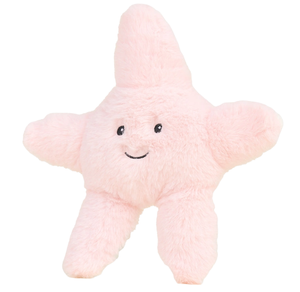 Pink star-shaped plush wrmie with a smiling face on a white background