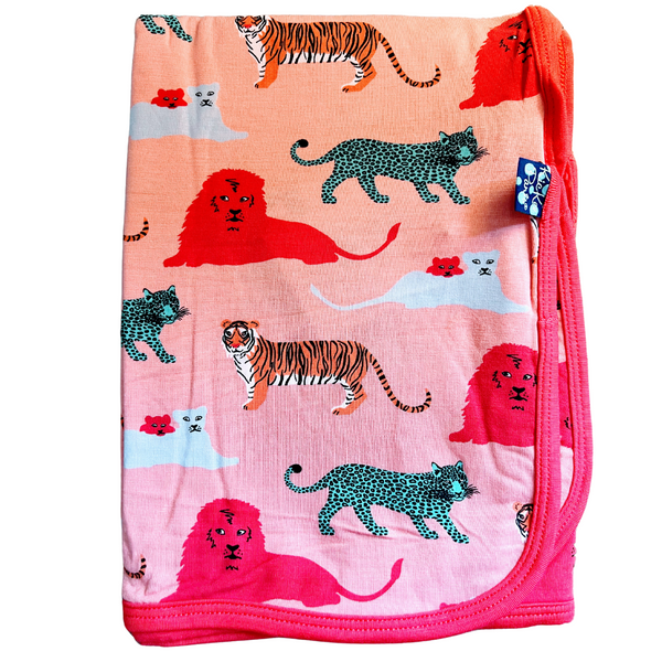 bamboo swaddling blanket pink background with jungle big cats print trimmed om a strawberry color