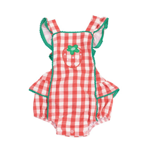 red gingham sunsuit with a strawberry on the front and red eyelet trim. 