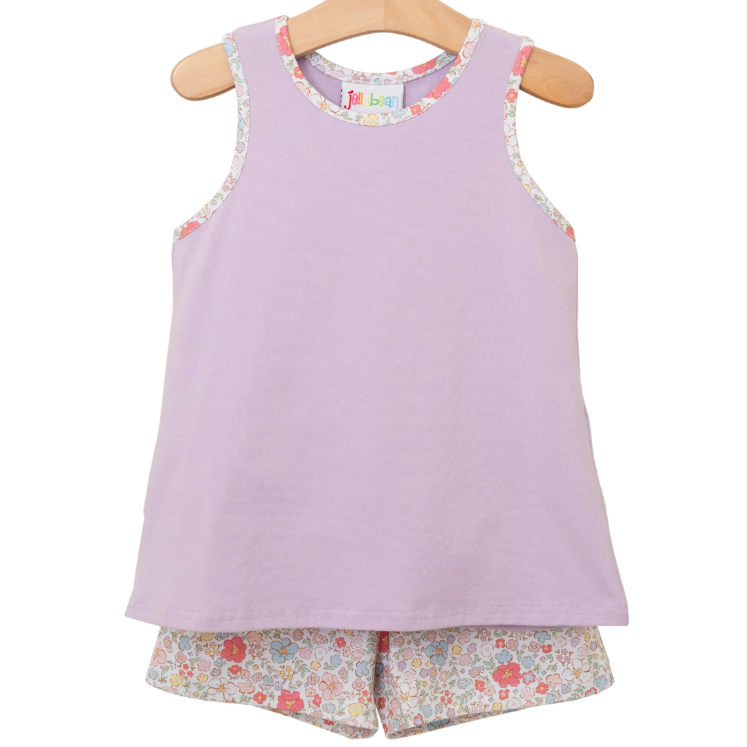 purple tank with matching floral shorts. 