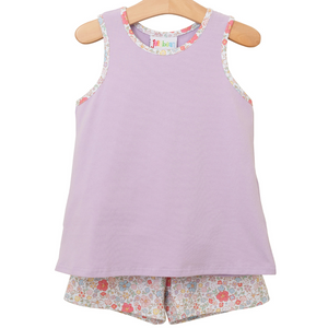 purple tank with matching floral shorts. 