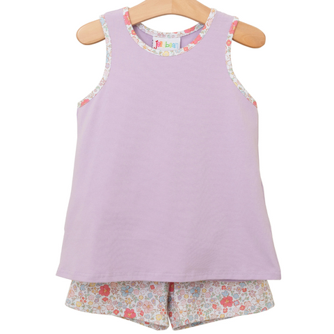 purple tank with matching floral shorts. 