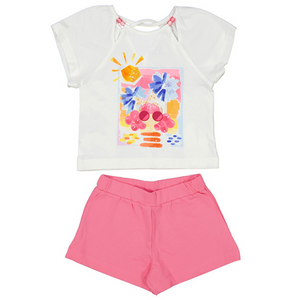 white top with summer design with matching pink shorts