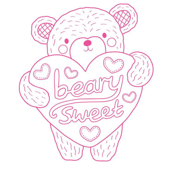 Illustration of a teddy bear holding a heart with 'beary sweet' text on a white background