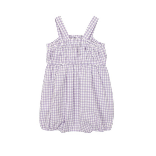 back of purple gingham romper