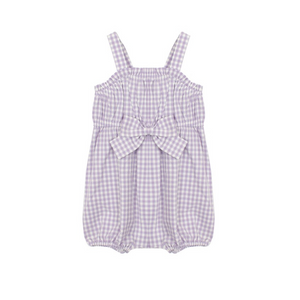 Front of purple gingham romper with bow on romper