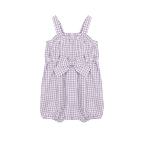 Front of purple gingham romper with bow on romper