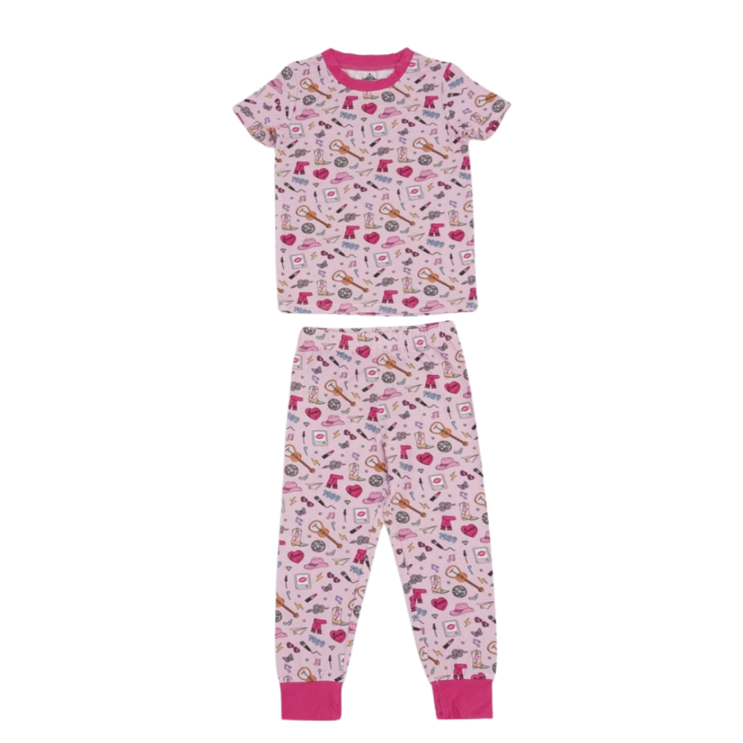 pink two piece set with different objects that represent taylor swifts different eras.