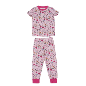 pink two piece set with different objects that represent taylor swifts different eras.