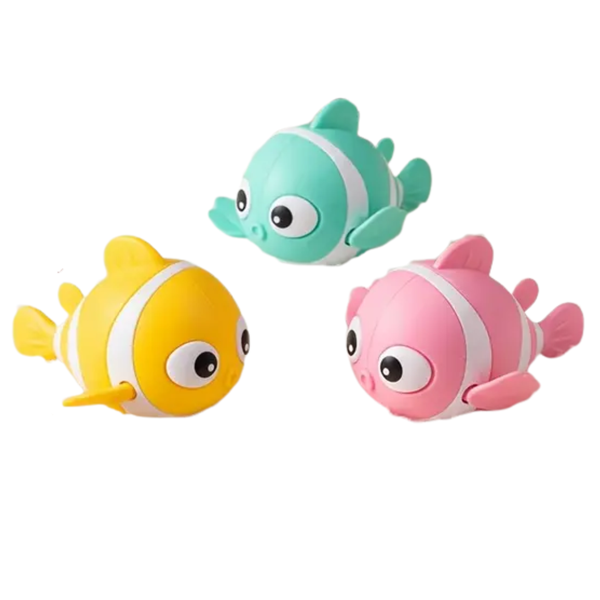 Three colorful wind-up swimming fish toys in yellow, aqua, and pink designed for fun bath time play.