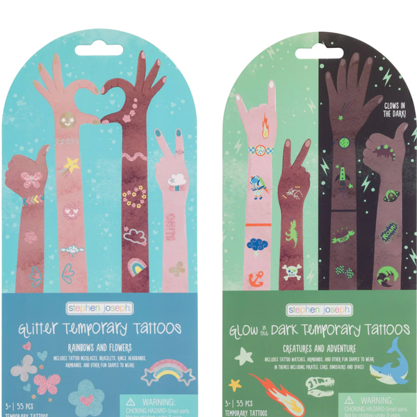 Two packages of temporary tattoos with colorful designs on a white background