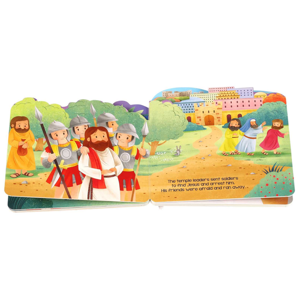 Illustrated children's book with scenes of a religious story, featuring characters and a landscape.