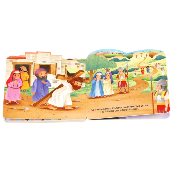 Children's book with illustrations of a religious story, featuring characters and a cross.