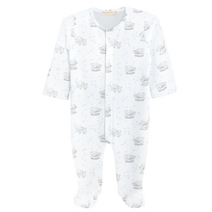 White baby footie with long sleeves and an allover print of gray elephants blowing blue bubbles, featuring built-in feet and front snaps.