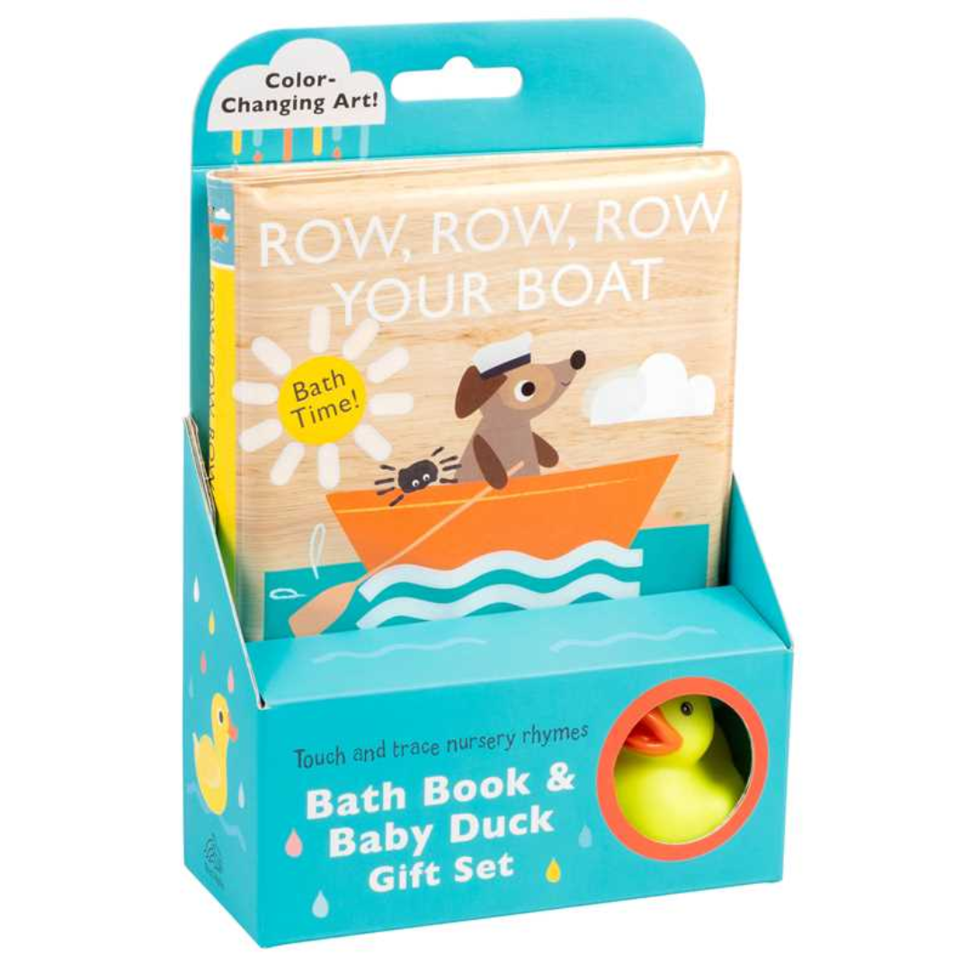Bath book and rubber duck gift set featuring “Row, Row, Row Your Boat,” with color-changing pages and a yellow squeaky duck in blue packaging.