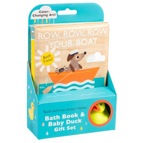 Bath book and rubber duck gift set featuring “Row, Row, Row Your Boat,” with color-changing pages and a yellow squeaky duck in blue packaging.