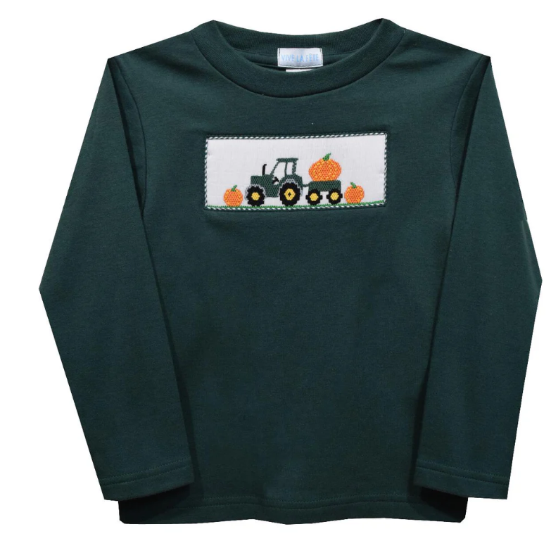 green long sleeve shirt with tractor with pumpkins