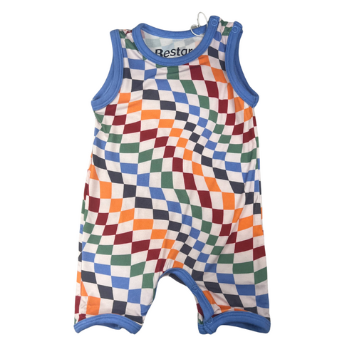 Twisted Checks Bold Shortall with a wavy multicolor checkerboard design and snaps at the shoulder and crotch.

