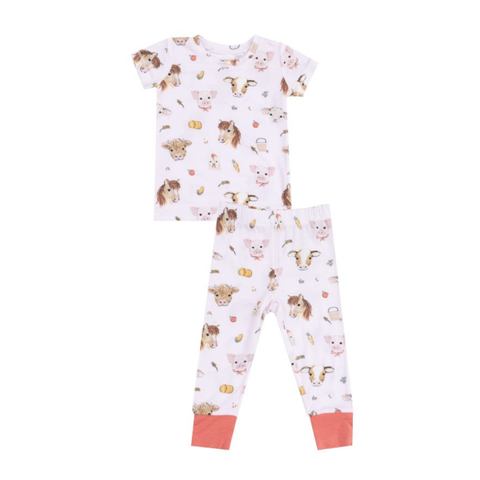 pink pj set with pigs, cows, and horse faces. also has the animals choice of food print. 