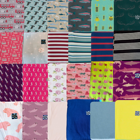 Collage of vintage kickee pants swaddling blankets