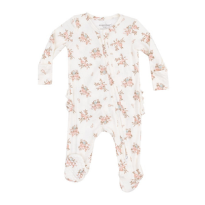 white footie with pink flower print. 