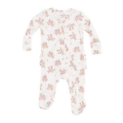 white footie with pink flower print. 