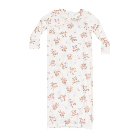 white gown with rose floral print. 
