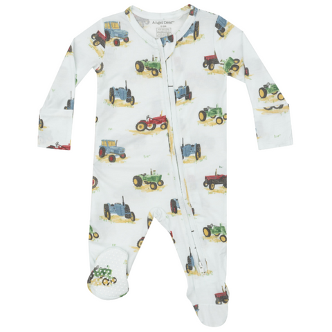 blue two way zipper footie with vintage tractors