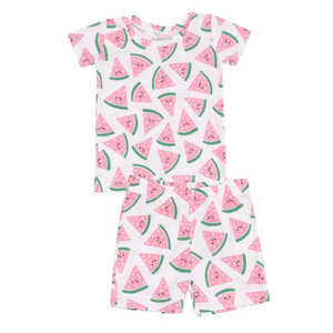 pink short and top pj set with watermelons on it. 