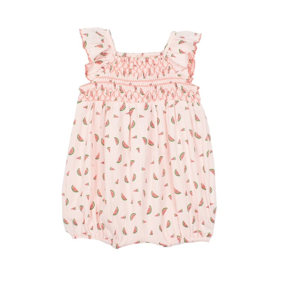 light pink romper with watermelon print