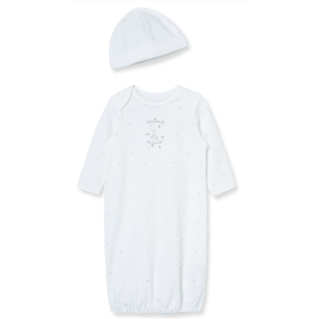 White newborn gown and matching hat with delicate grey star print and "Welcome to the World" embroidery.