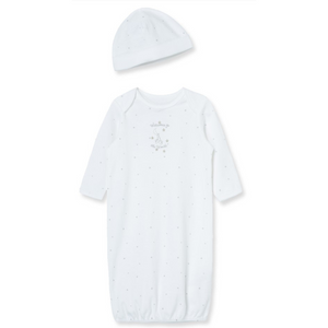 White newborn gown and matching hat with delicate grey star print and "Welcome to the World" embroidery.