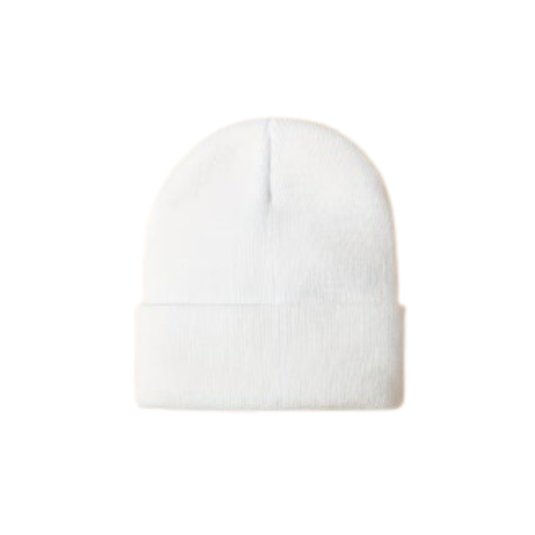 Plain white cotton baby hat with folded brim for a snug newborn fit.