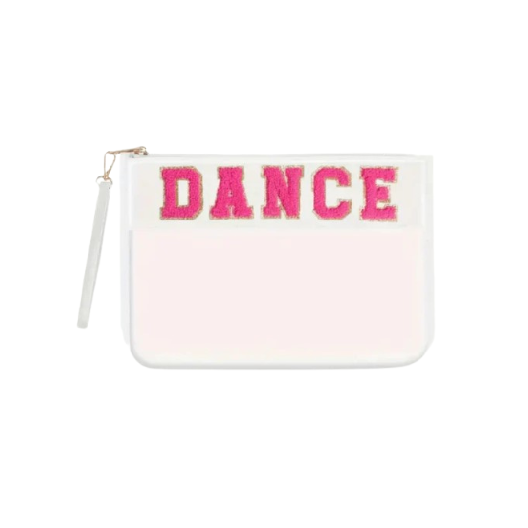 Clear and white zippered pouch with bold pink chenille letters spelling “DANCE” and a wristlet strap