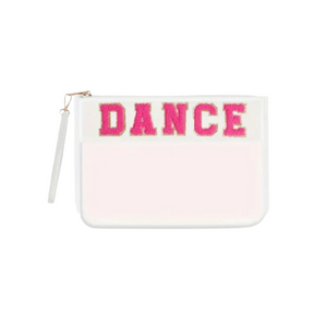  Clear and white zippered pouch with bold pink chenille letters spelling “DANCE” and a wristlet strap
