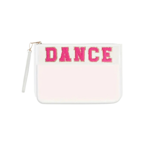  Clear and white zippered pouch with bold pink chenille letters spelling “DANCE” and a wristlet strap
