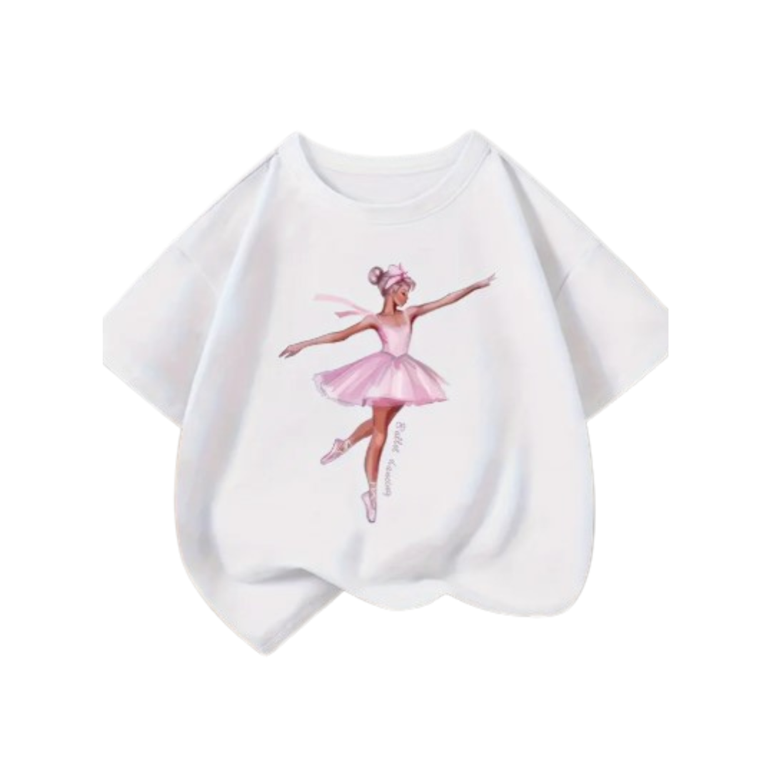  White children’s t-shirt featuring a pink ballerina illustration with arms gracefully extended.
