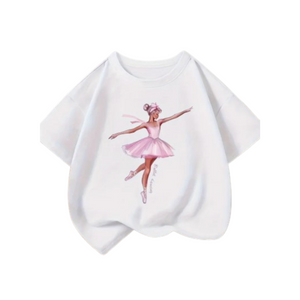  White children’s t-shirt featuring a pink ballerina illustration with arms gracefully extended.
