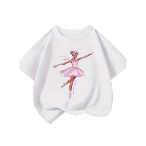  White children’s t-shirt featuring a pink ballerina illustration with arms gracefully extended.
