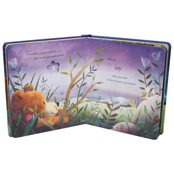 Illustrated children's book open to a page with teddy bears and nature-themed text.