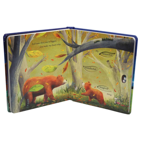 Open book with bear illustrations and text in a forest setting