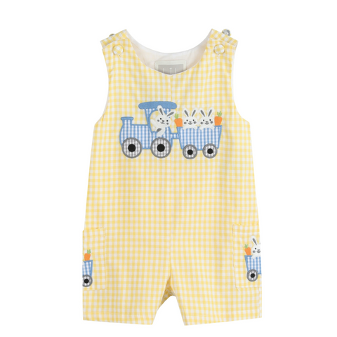 yellow gingham shortall with bunny train applique