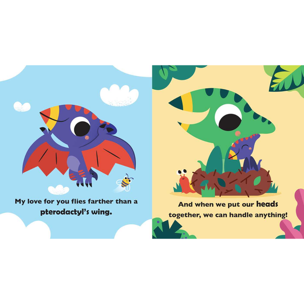 Illustrated book pages with a pterodactyl and a dinosaur, featuring text.