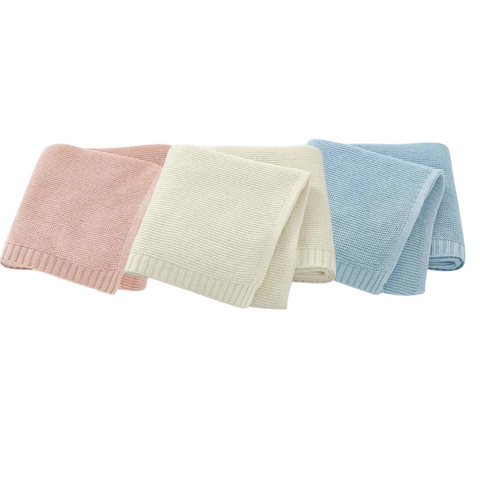 cotton baby blankets available in 3 colors, pink, cream and blue