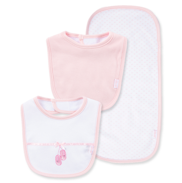 Front view of pink and white baby feeding set with two bibs and matching burp cloth, featuring embroidered pink ballet slippers and soft blush trim.