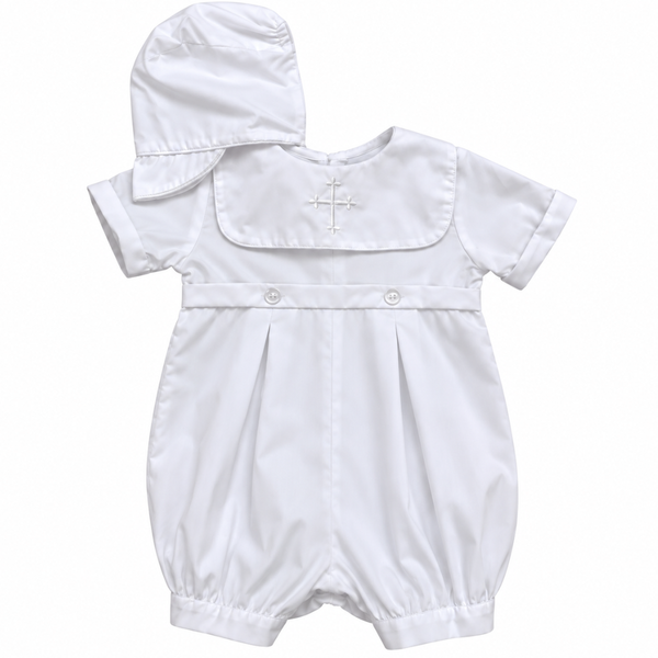 A white baby boy short sleeve faux button on romper with a bib collar, embroidered cross on the collar and matching hat